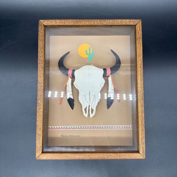 Vintage Paper Sculpture Southwest Shadow Box Art Keith E Brannon Bull Skull - Picture 2 of 9